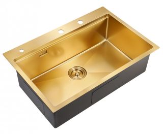 Мойка для кухни Milacio Denia 75 Steel MC.77428 в комплекте со смесителем и коландером брашированное золото